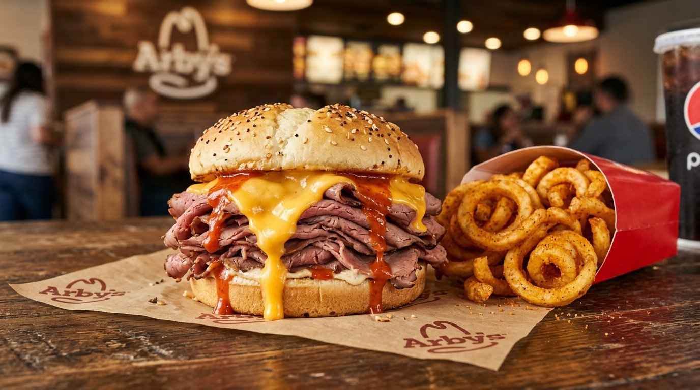 Arby's Beef'n Cheddar Sandwich with warm cheddar cheese sauce, zesty red ranch, and golden curly fries