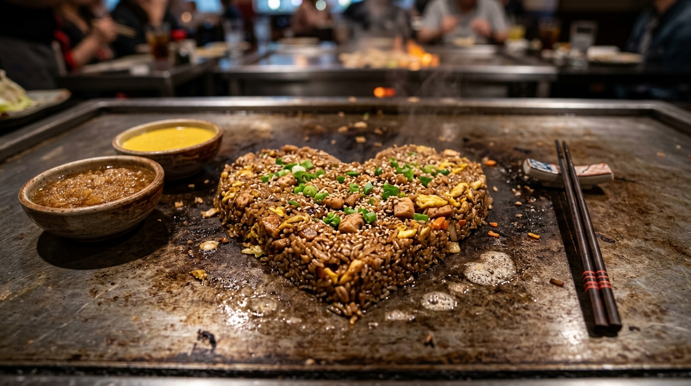 Benihana signature garlic butter chicken fried rice shaped into a heart on the flat steel teppan griddle served with dipping bowls of ginger sauce and magic mustard sauce