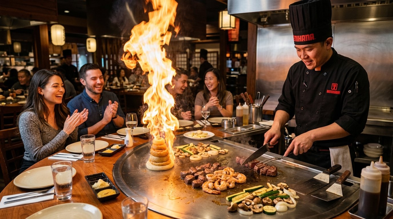 Benihana chef in red toque demonstrating the flaming onion volcano on the teppanyaki hibachi grill with sizzling filet mignon cubes, colossal shrimp, and vegetables