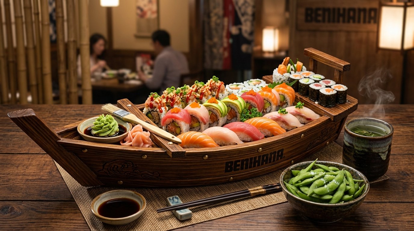 Traditional wooden Benihana sushi boat presentation loaded with Rainbow rolls, Spicy Tuna rolls, fresh salmon nigiri, wasabi, pickled ginger, and hot Japanese green tea