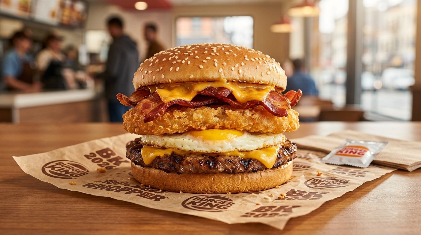New Burger King Bacon Cheddar Hash Whopper breakfast burger stacked with flame grilled patty, round hash brown coin, bacon, melted cheddar, and fried egg