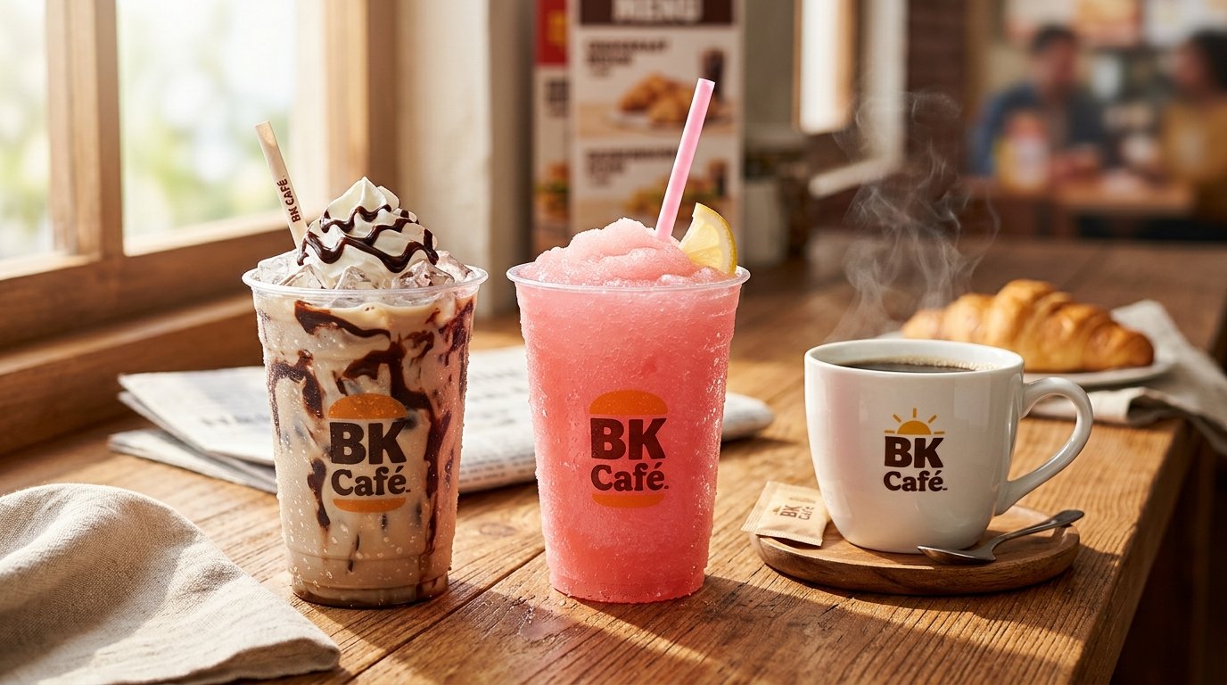 Burger King BK Cafe Iced Mocha with whipped cream, Frozen Pink Lemonade slush drink, and hot morning black coffee