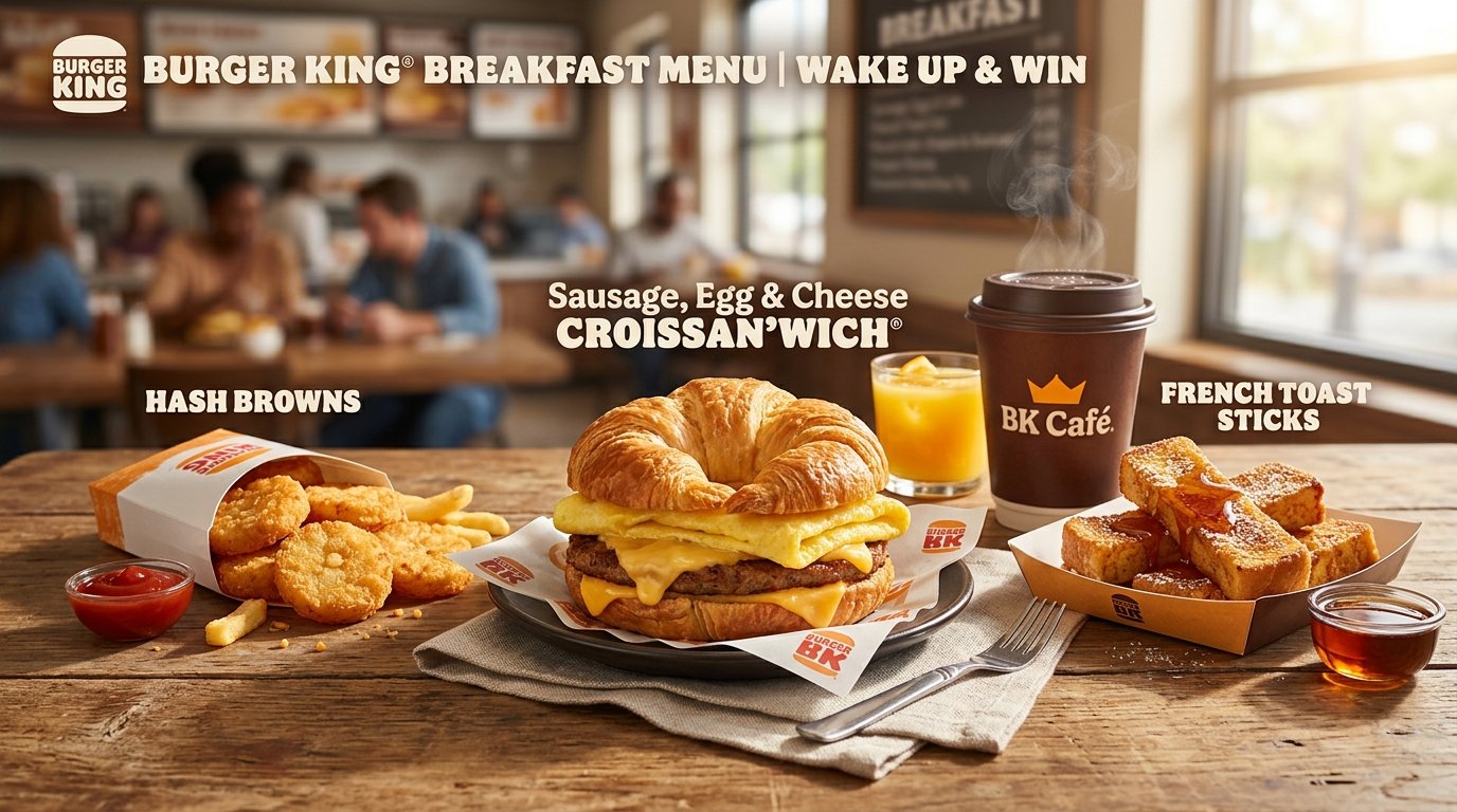 Burger King Breakfast Menu featuring Sausage Croissan'wich, golden hash brown coins, French toast sticks, and BK Cafe coffee
