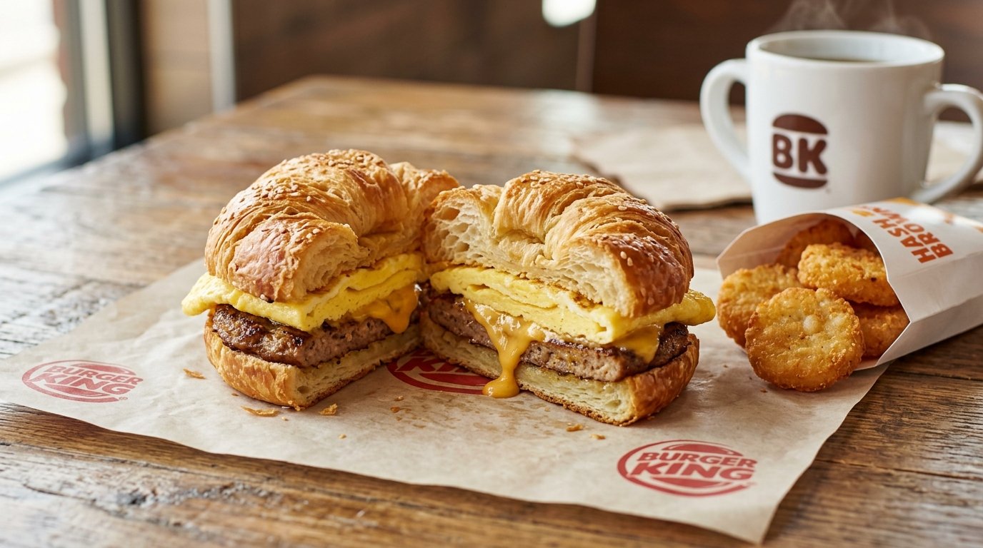 Burger King Sausage Egg and Cheese Croissan'wich cut in half on parchment paper with hash brown coins and BK Cafe coffee cup