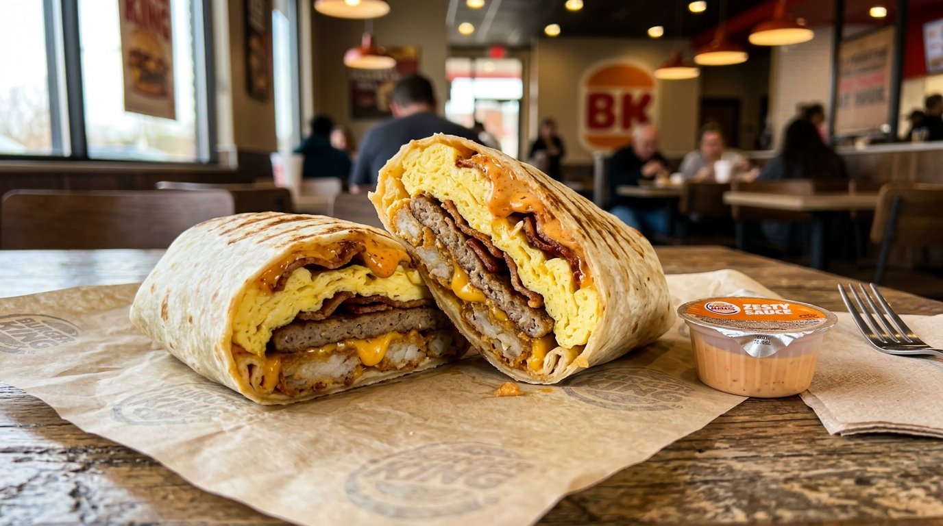 Burger King Egg-Normous Burrito sliced in half showing scrambled eggs, bacon, sausage, hash browns, and spicy queso with dipping picante cup