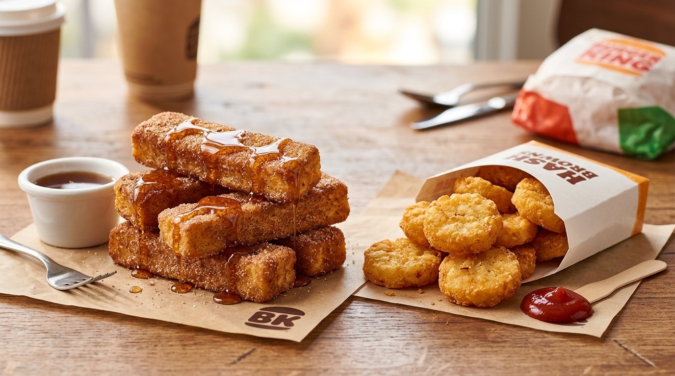 Burger King French Toast Sticks served with pancake syrup and coin-shaped crispy hash browns