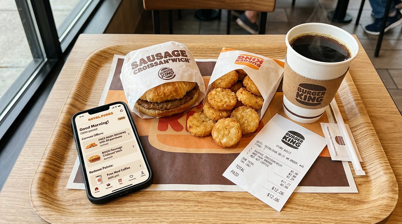 Audited Burger King breakfast order tray with printed POS store receipt, Sausage Croissanwich, round hash brown coins, BK coffee, and smartphone showing Royal Perks app savings