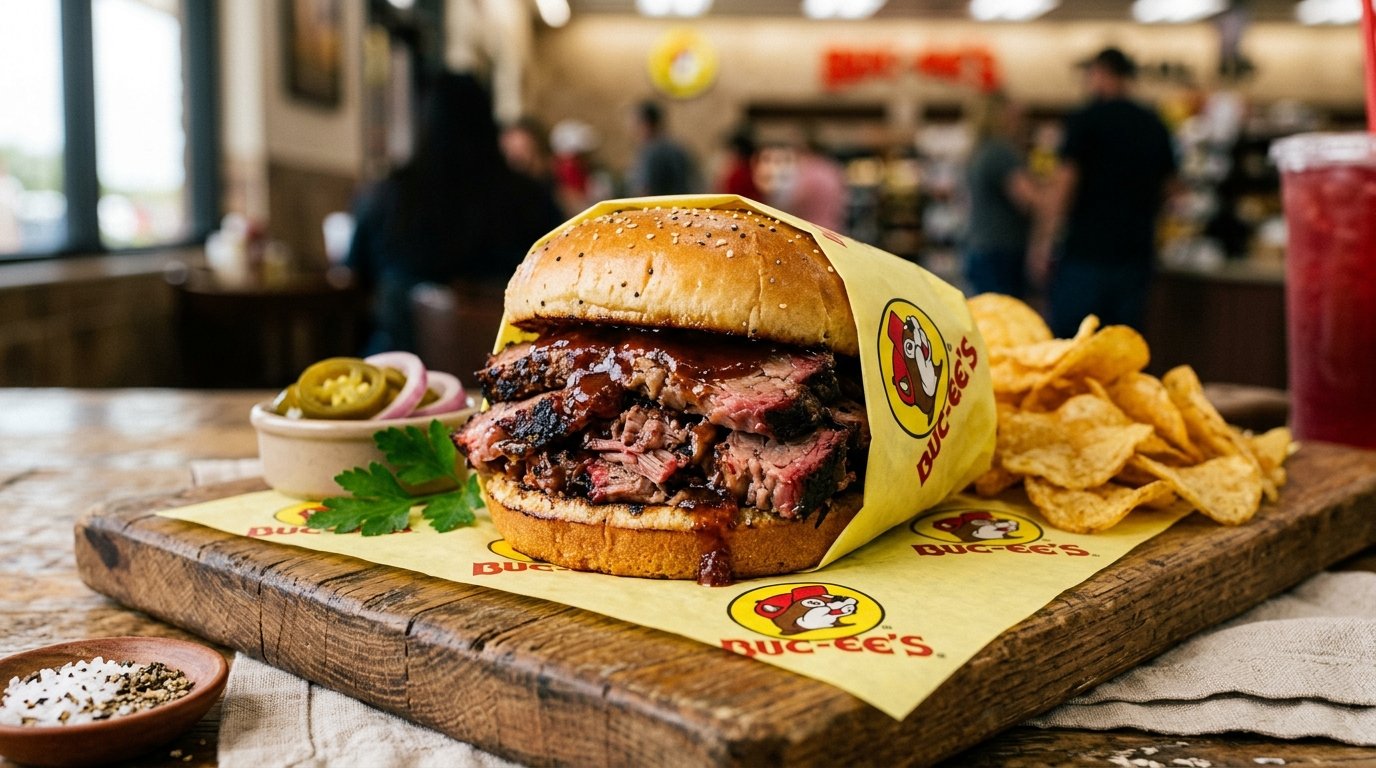 Freshly carved Buc-ee's chopped smoked beef brisket sandwich wrapped in yellow butcher paper served with fresh-made kettle potato chips and sliced jalapenos
