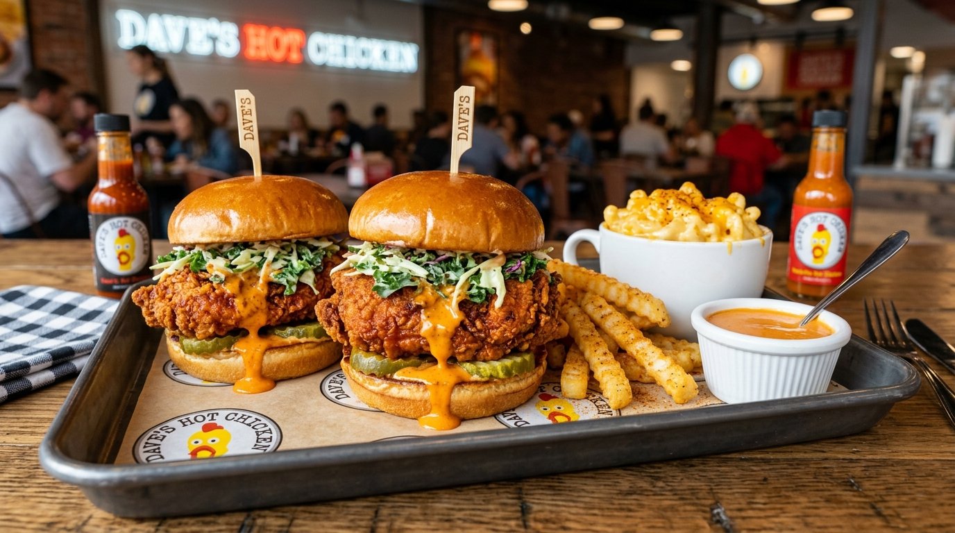 Dave's Hot Chicken Menu With Prices 2026 featuring hot chicken sliders, seasoned crinkle fries, mac and cheese, and Dave's sauce