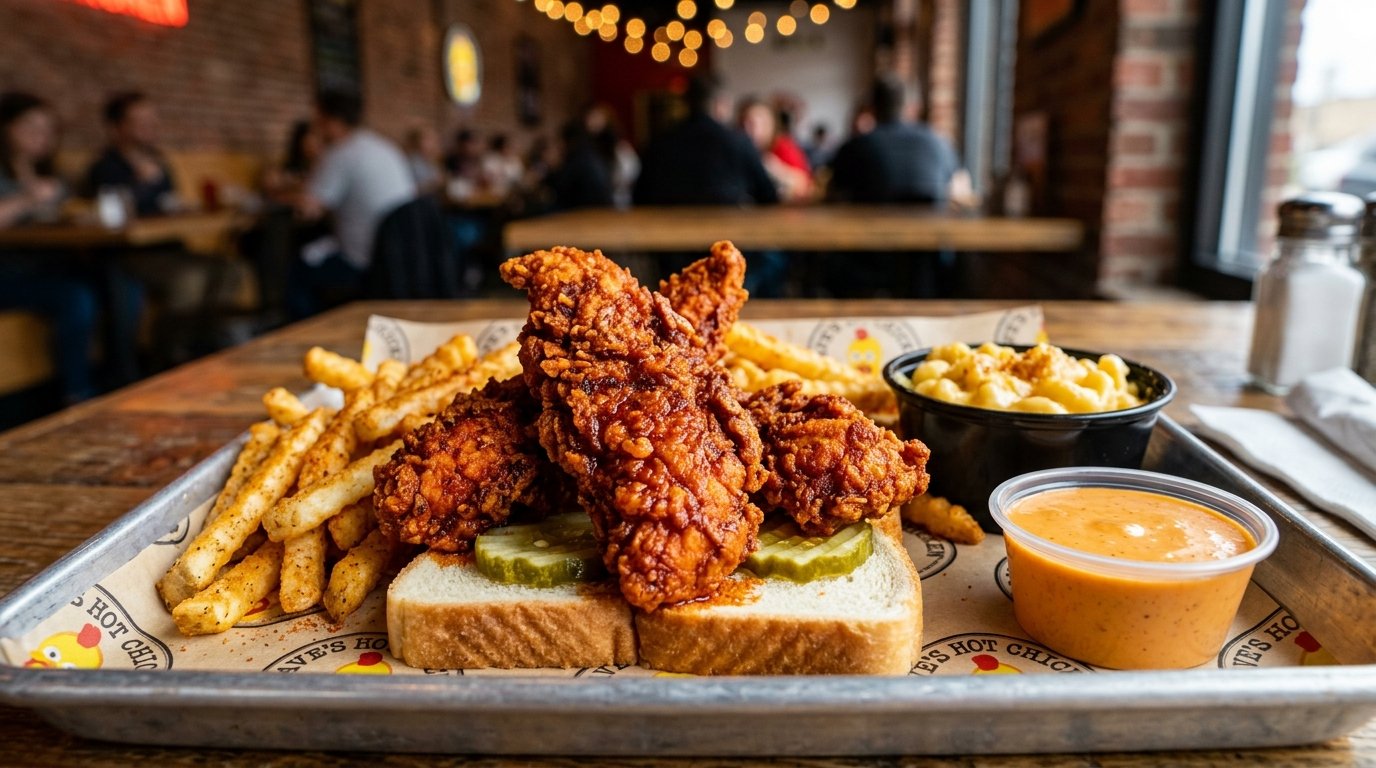 Dave's Hot Chicken Combo #1 tender meal with crispy fries, white bread, pickles, mac and cheese, and Dave's dipping sauce