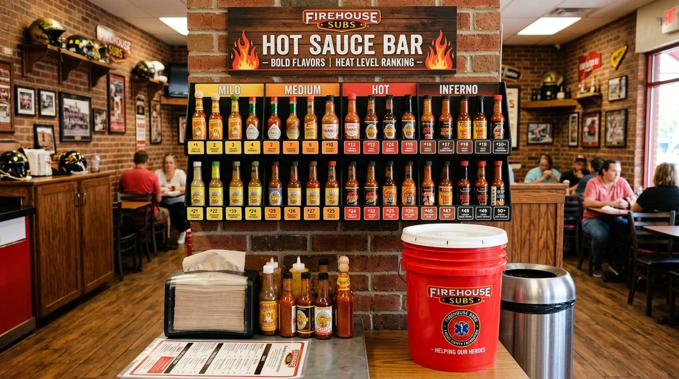 Firehouse Subs Hot Sauce Bar Scoville Ranking and 5-Gallon Red Pickle Bucket