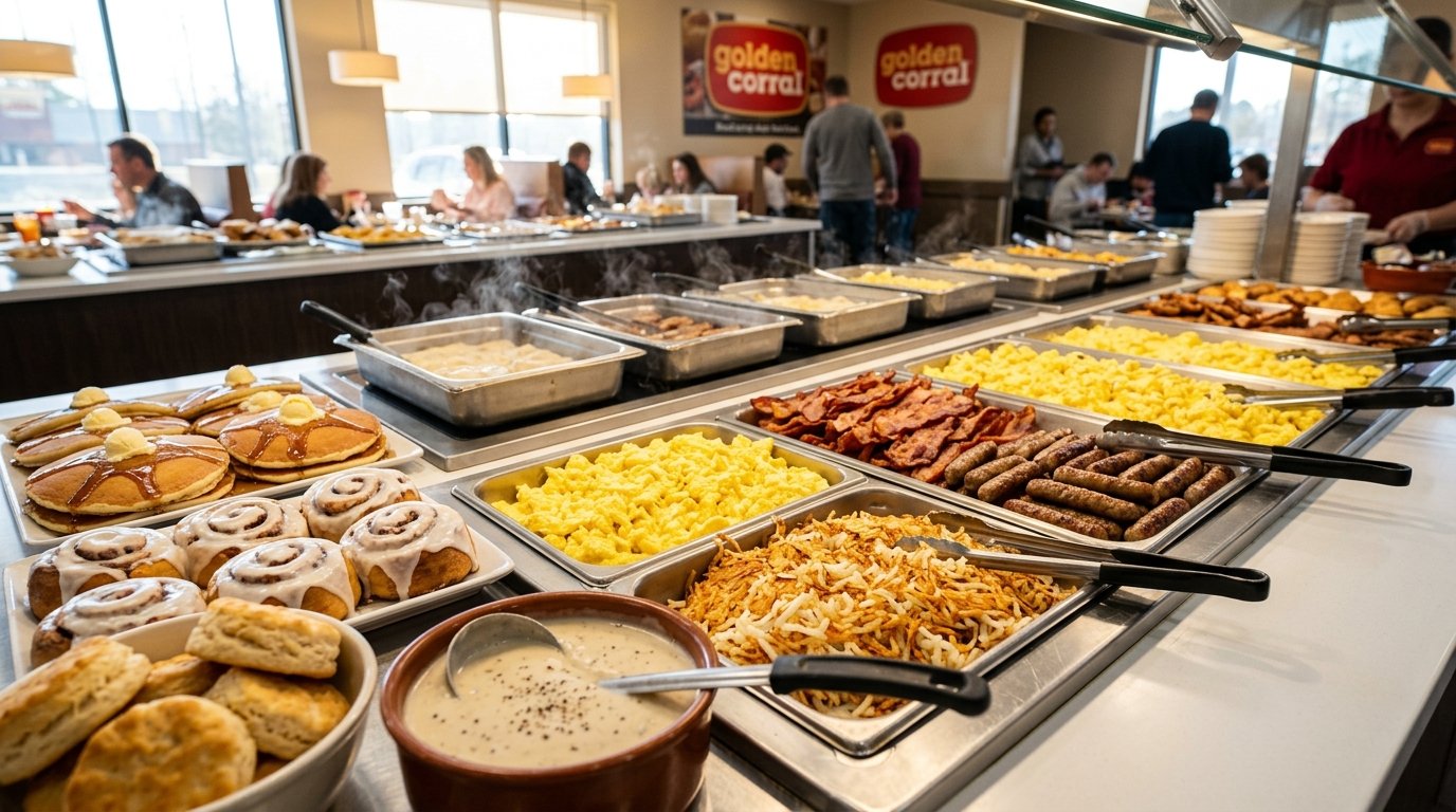 Golden Corral breakfast buffet display featuring scrambled eggs, crispy bacon strips, pork sausage, hash browns, pancakes, and cinnamon rolls