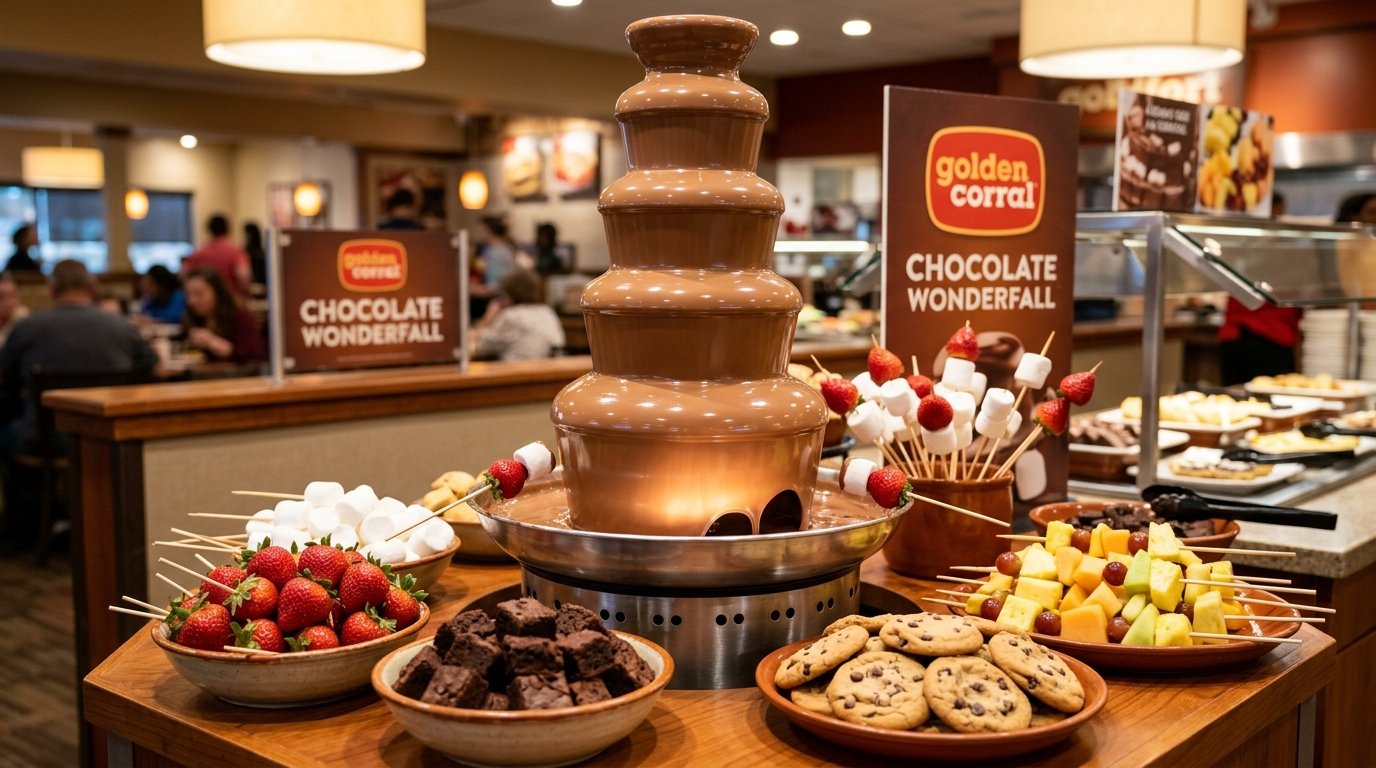 Golden Corral Chocolate Wonderfall fountain flowing with milk chocolate surrounded by strawberries, marshmallows, chocolate brownies, and cookies