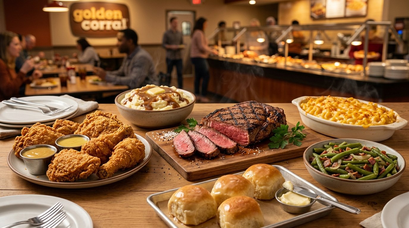 Golden Corral dinner buffet spread featuring grilled USDA sirloin steak, golden fried chicken, mashed potatoes with gravy, and fresh yeast rolls