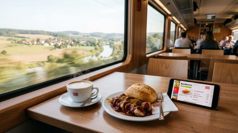 ICE Speisekarte und Bordrestaurant Preise der Deutschen Bahn mit Currywurst, Kaffee und digitalem ICE Portal