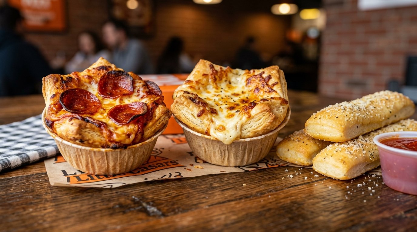 Little Caesars freshly baked Pepperoni Crazy Puffs and 4-Cheese Crazy Puffs with caramelized crispy cheese rims served with warm Crazy Bread and Crazy Sauce
