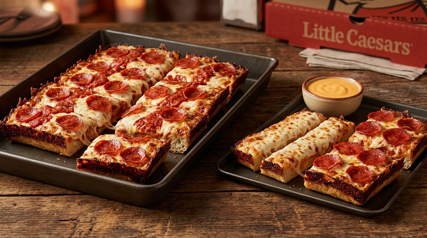 Authentic Little Caesars Detroit-Style Deep Dish Pepperoni Pizza with signature crunchy caramelized cheesy crust frico edge served with Detroit-Style Slices-N-Stix
