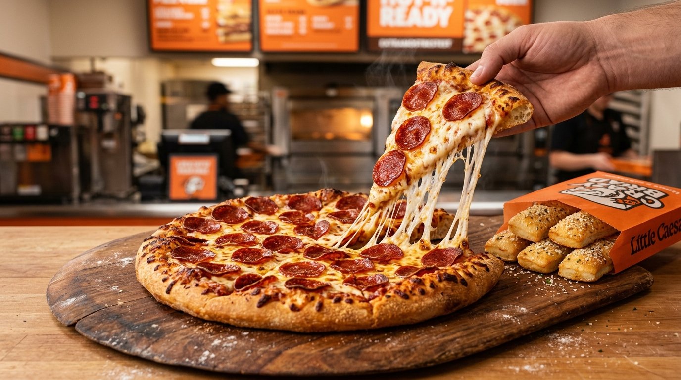 Little Caesars Hot-N-Ready ExtraMostBestest large round pepperoni pizza with thick mozzarella cheese pull displayed on a pizza peel with warm Crazy Bread