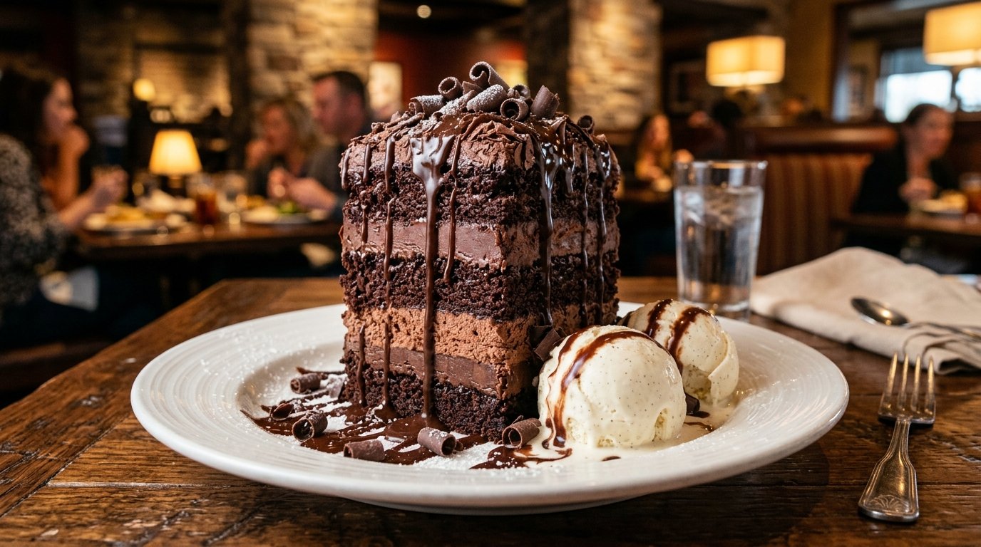 LongHorn Steakhouse Chocolate Stampede towering six-chocolate cake and mousse dessert with vanilla bean ice cream scoops, dark chocolate curls, and hot fudge sauce