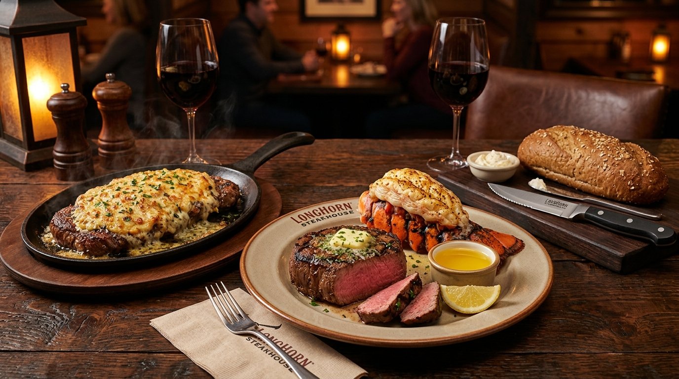 LongHorn Steakhouse Flo's Filet with grilled lobster tail, cast iron skillet Parmesan Crusted Sirloin, warm honey wheat bread and butter, and Cabernet Sauvignon wine