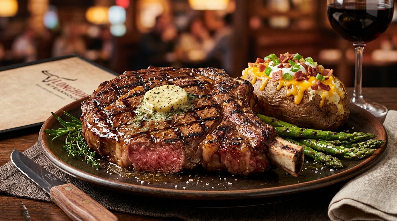 LongHorn Steakhouse 20 oz bone-in Outlaw Ribeye flame-grilled with diamond sear marks and melting garlic butter, served with a loaded baked potato and grilled asparagus