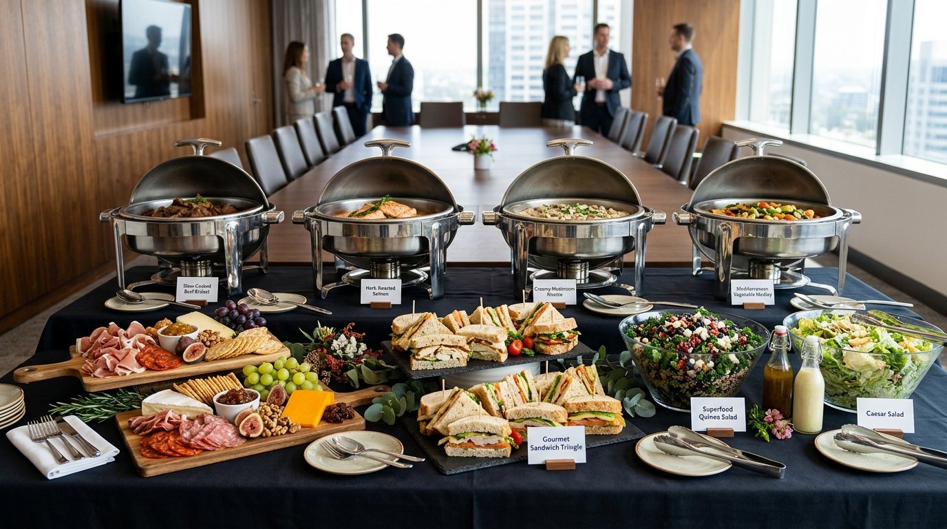 Major Menus Feed My Meeting executive catering presentation with chafing dishes and gourmet sandwiches