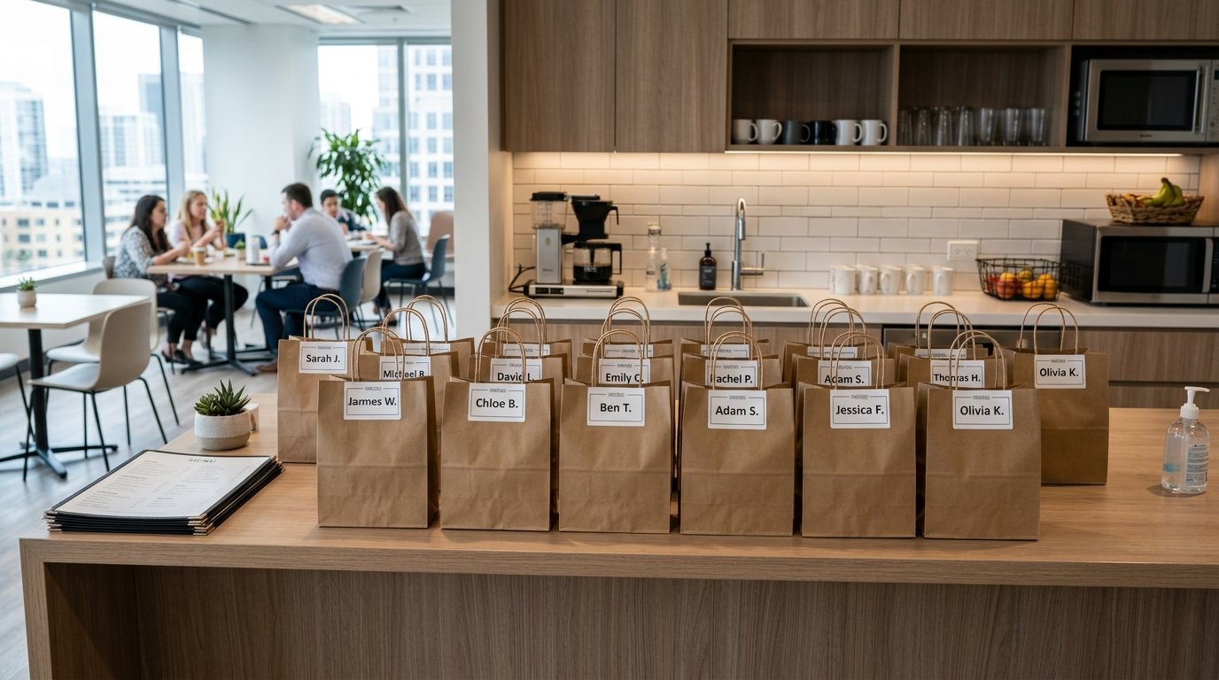 Major Menus Restaurant of the Day individually labeled brown lunch bags for office pickup