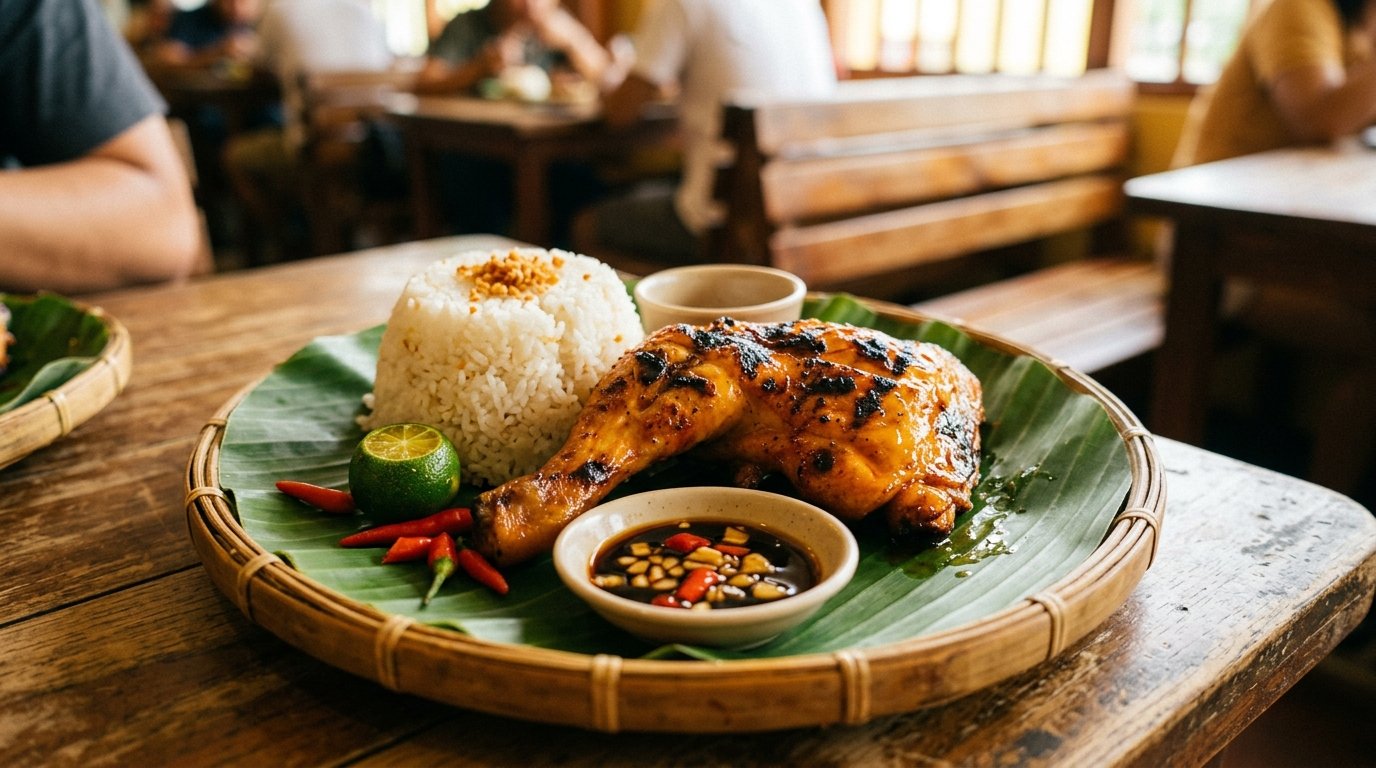 Mang Inasal Chicken Inasal Paa leg quarter grilled to perfection on banana leaf with garlic rice, calamansi, and toyomansi dip