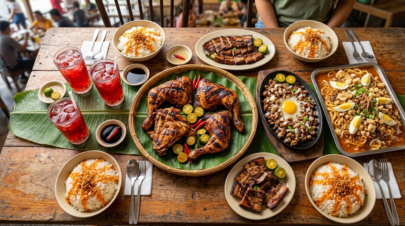 Mang Inasal Family Fiesta feast featuring Chicken Inasal platter, Sizzling Pork Sisig, Palabok noodles, Grilled Liempo, chicken oil rice, and red gulaman drinks