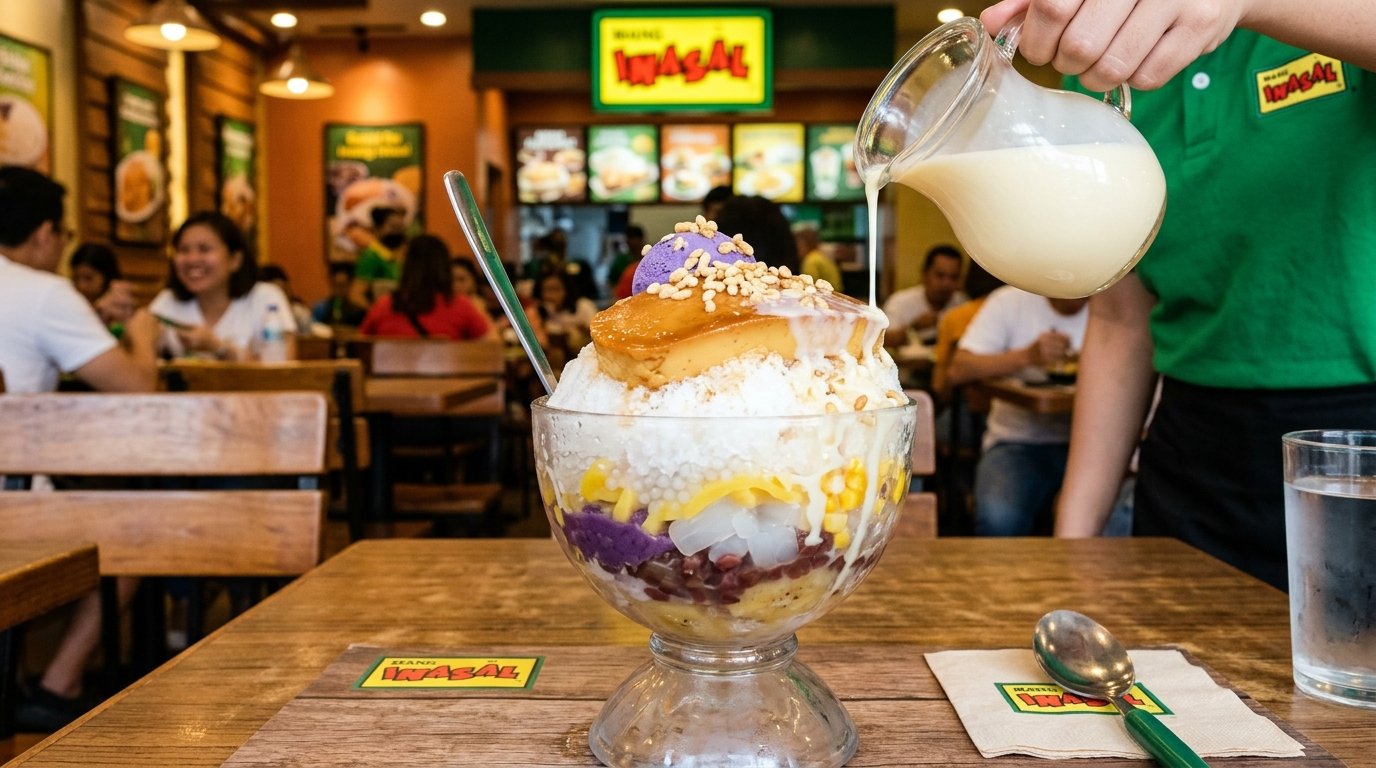Mang Inasal Extra Creamy Halo-Halo layered with ube, leche flan, sweetened banana, and shaved ice with milk being poured in restaurant