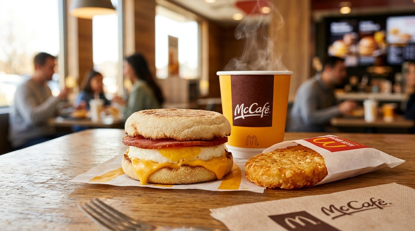 McDonald's Egg McMuffin Breakfast Combo with golden crispy hash brown and hot McCafé coffee