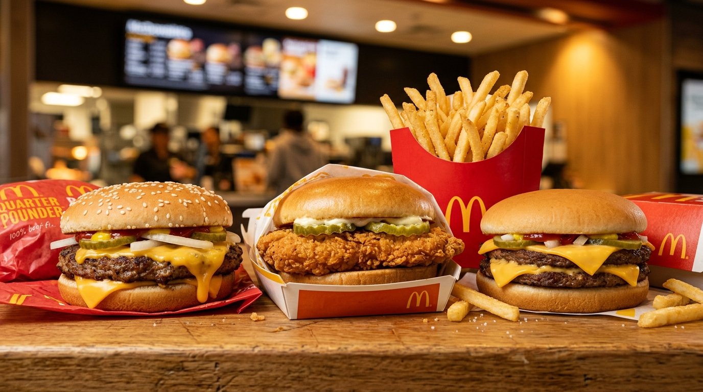 McDonald's Quarter Pounder with Cheese, McCrispy chicken sandwich, McDouble and fries on counter