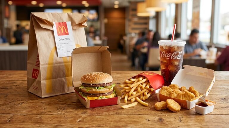 McDonald's takeout order spread with Big Mac, Chicken McNuggets, French Fries and Drink