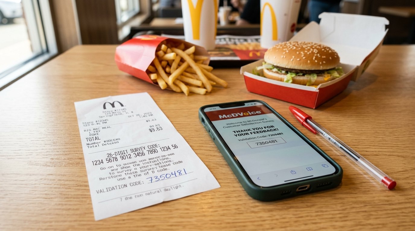 www.mcdvoice.com survey guide showing McDonald's receipt with 26-digit survey code and smartphone screen