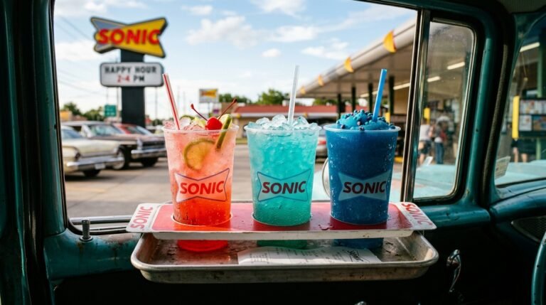 Sonic Happy Hour half price drinks, Cherry Limeade and Ocean Water on drive-in tray