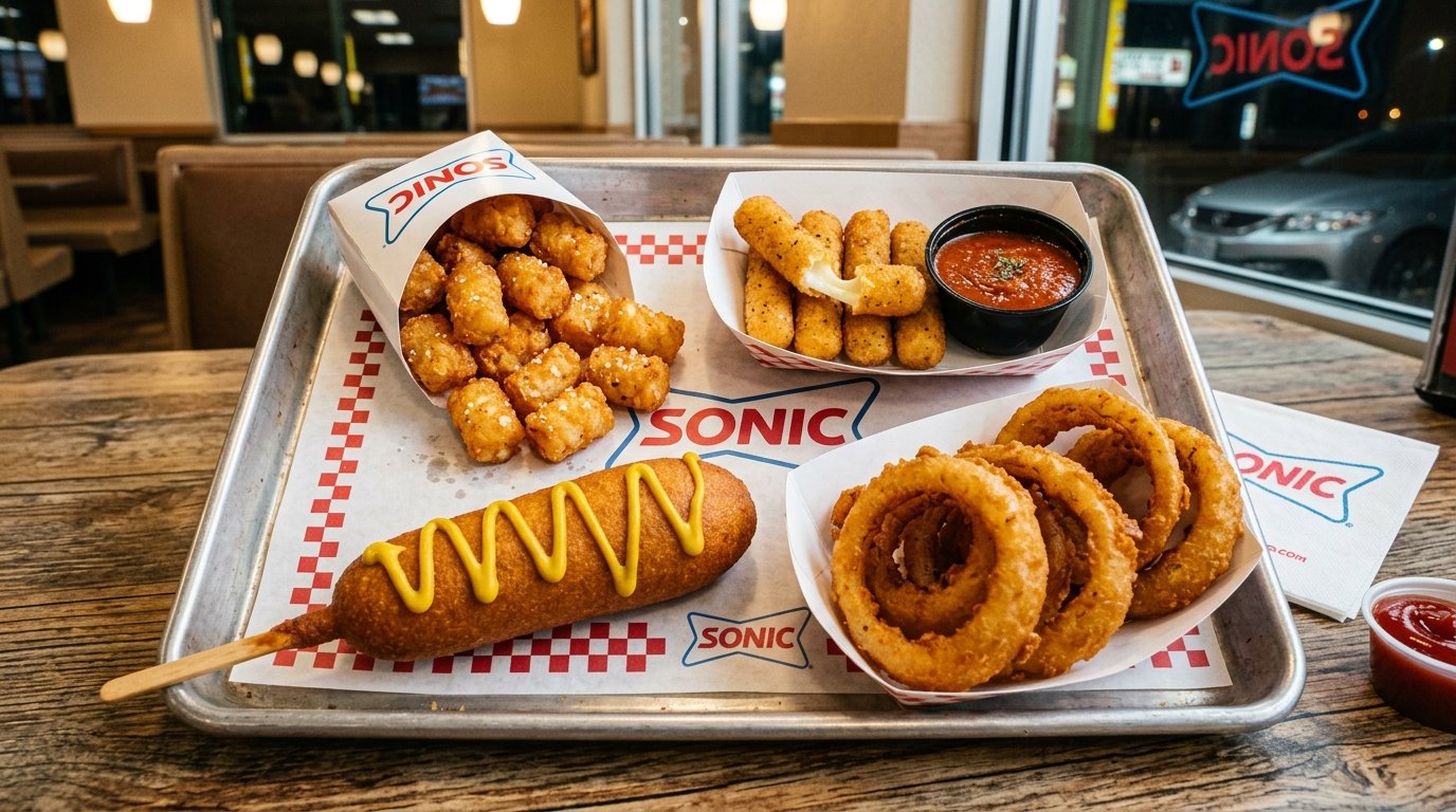 Sonic Happy Hour snacks tray with golden tater tots, mozzarella sticks, corn dog, and onion rings