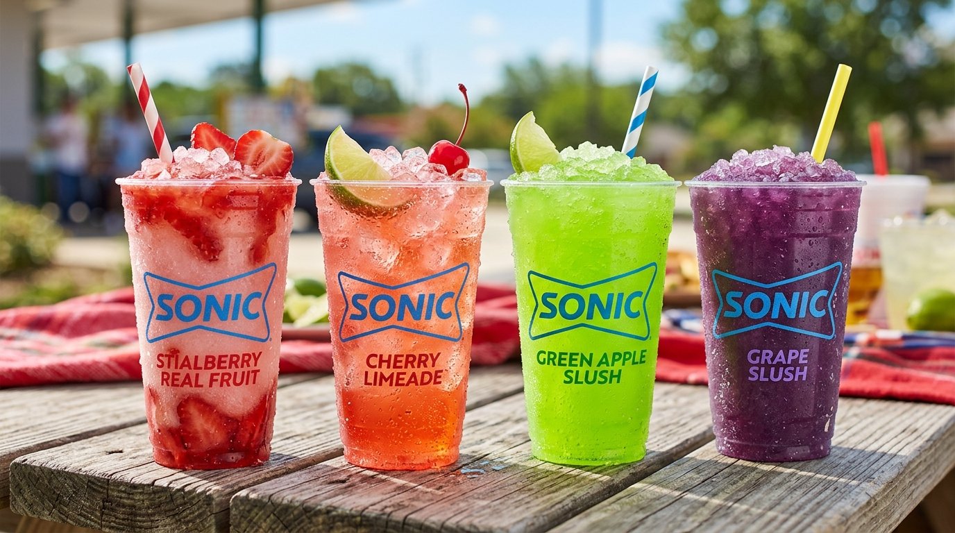 Sonic Drive-In colorful slushes and fruit limeades with crushed nugget ice