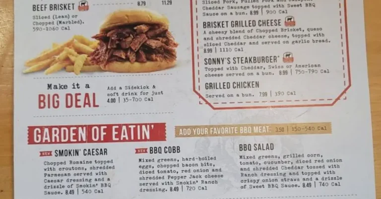 Sonny's BBQ menu with prices 2026 showing signature slow-smoked St. Louis ribs, beef brisket, pulled pork, homestyle mac and cheese, and BBQ baked beans