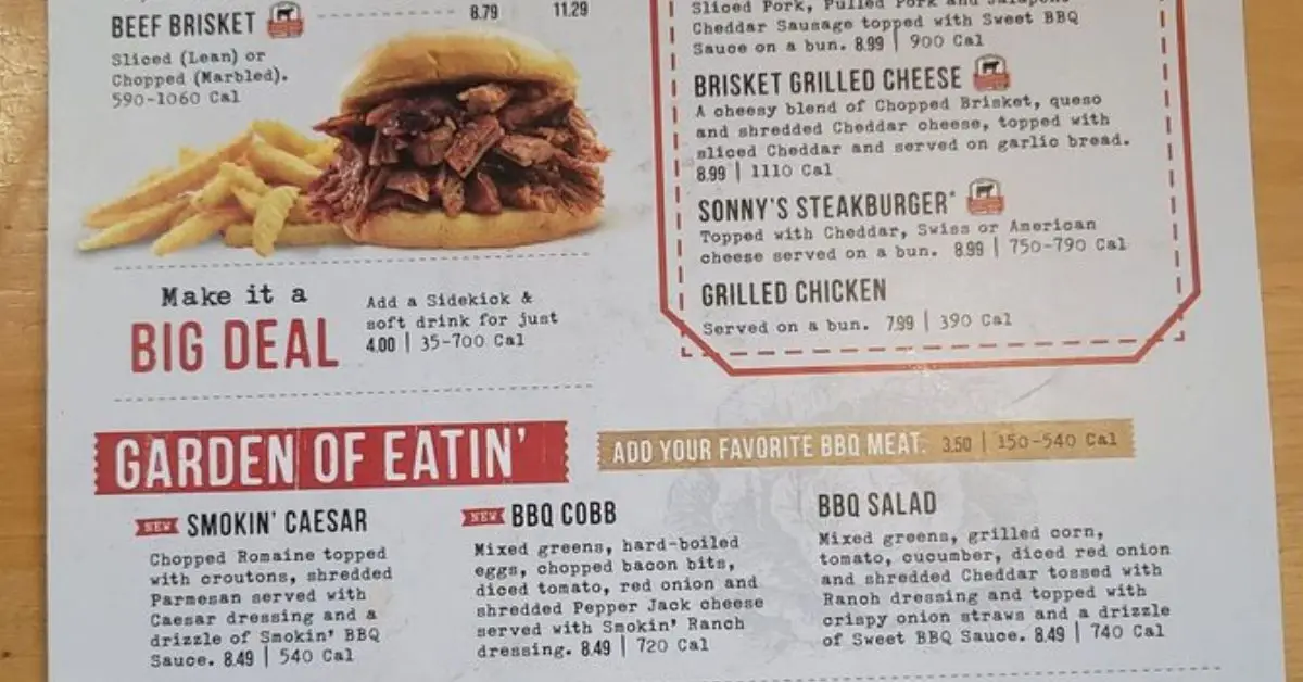 Sonny's BBQ menu with prices 2026 showing signature slow-smoked St. Louis ribs, beef brisket, pulled pork, homestyle mac and cheese, and BBQ baked beans