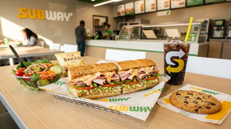 Subway Menu Prices With Pictures 2026 showing loaded Footlong sub on Italian Herbs and Cheese, salad bowl, Footlong cookie, and fountain drink