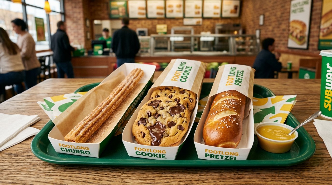 Subway Sidekicks trio featuring warm Footlong Chocolate Chip Cookie, Cinnabon Footlong Churro, and Auntie Anne's Footlong Pretzel with honey mustard
