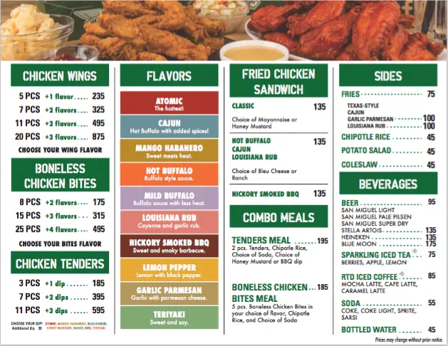 Wingstop Menu With Prices 2026 table spread featuring classic bone-in wings, crispy boneless wings, seasoned fries, and scratch ranch dip